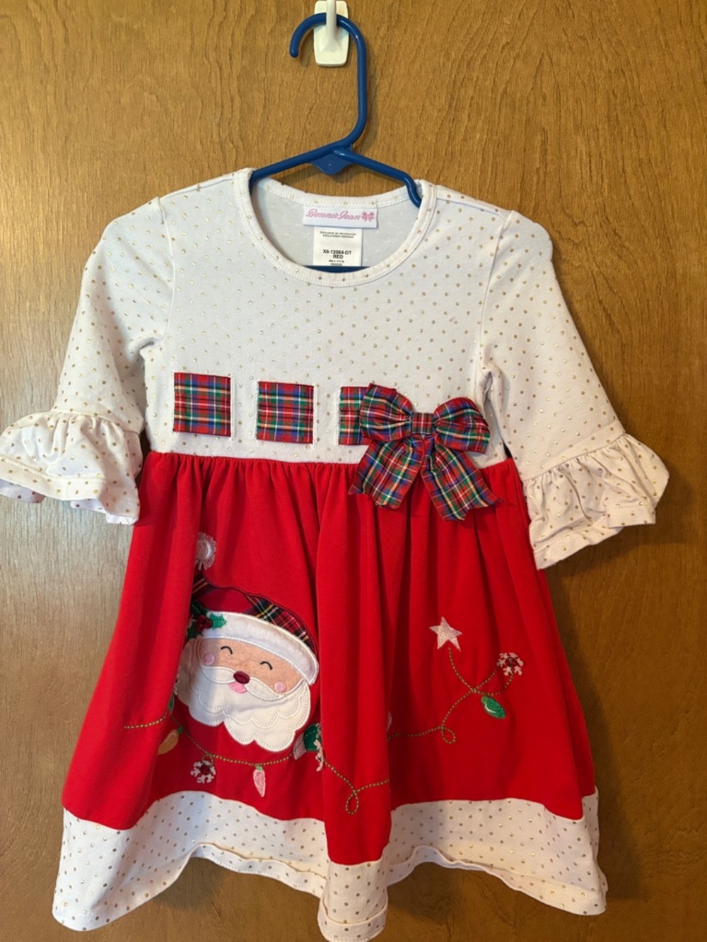 Bonnie Jean Red and White Santa Plaid Bow Holiday Dress